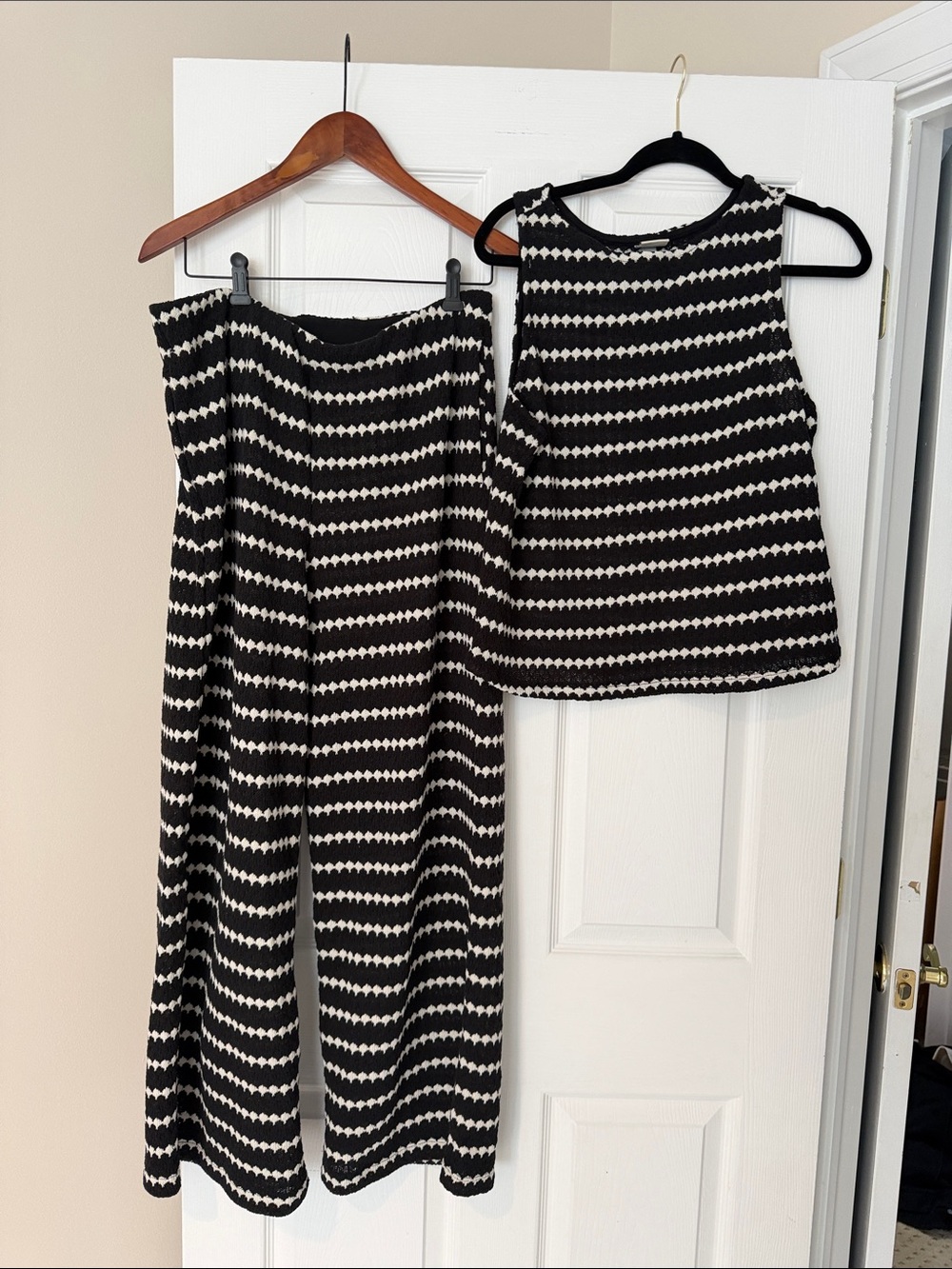 a new day crochet Black and White Striped Wide Leg Pants with Matching Knit Tank
